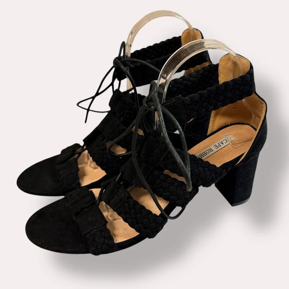 Cape Robbin Black Lace Up Braided Strap Block Heel Sandals Women’s Size 9